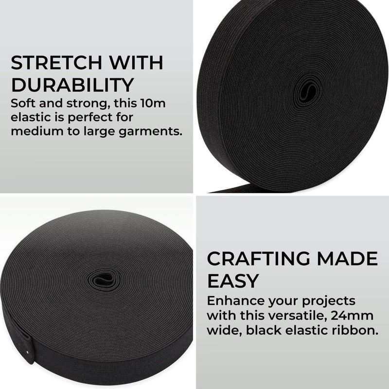 H&S Black 24mm Elastic Band for Sewing and Knitting - 10 Metre Roll - Heavy Duty, Black, Knit - Image 2